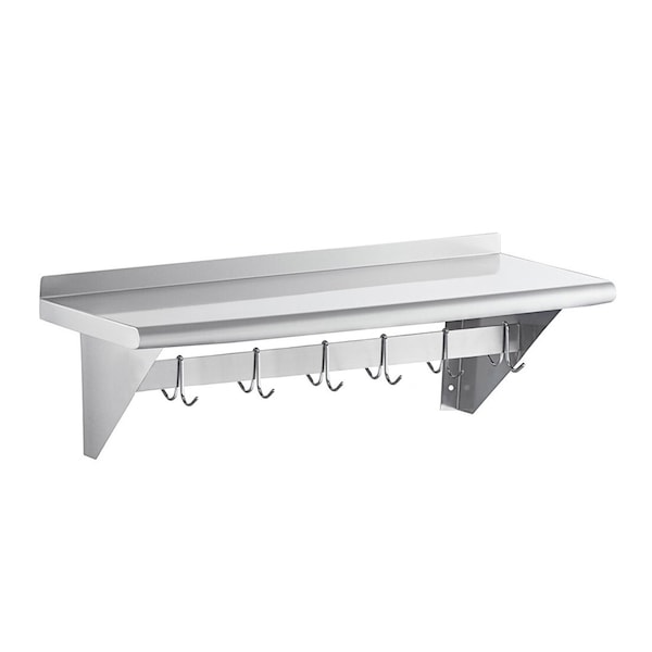Amgood 12 in. x 36 in. Stainless Steel Wall Mounted Pot Rack with Shelf and 6 Double Sided Chrome Plated Hooks AMG WS-PS-1236 - main